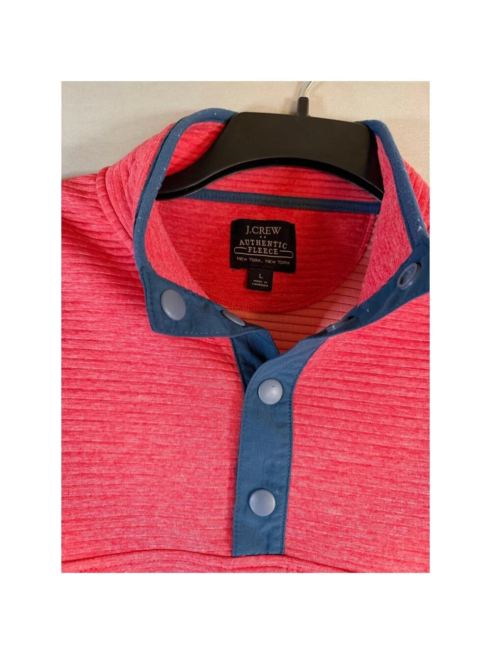 J.Crew Mens Authentic Fleece Ribbed Snap Mock Neck Pullover Pink Blue Trim Large